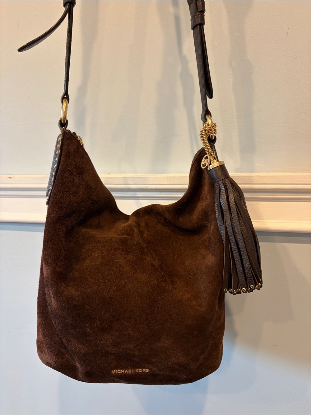 Michael Kors Dark Brown Suede Shoulder Hobo with Tassel